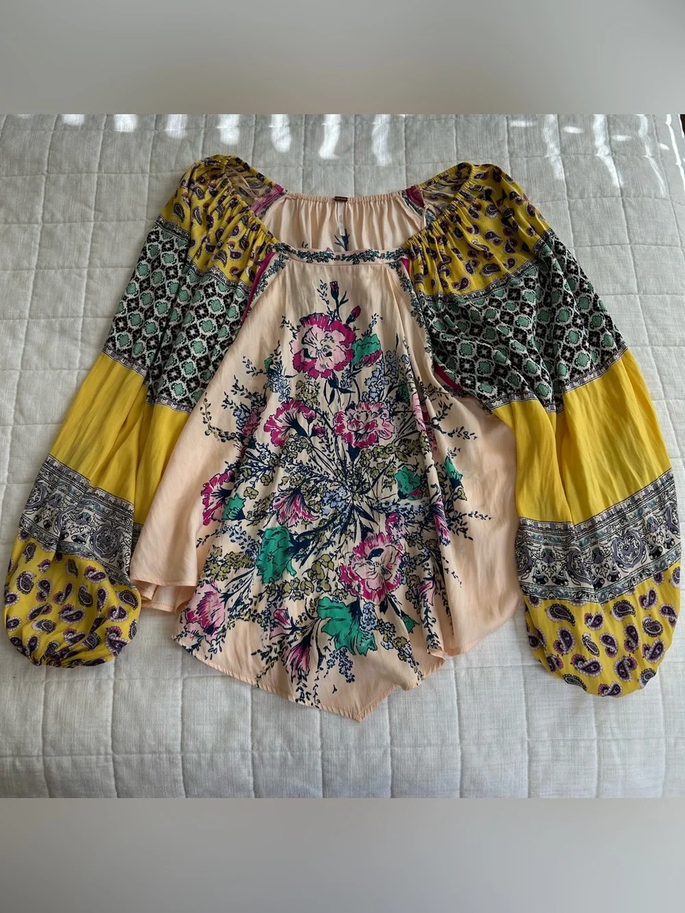 Free People Peach Floral Peasant Blouse with Yellow Patchwork Sleeves
